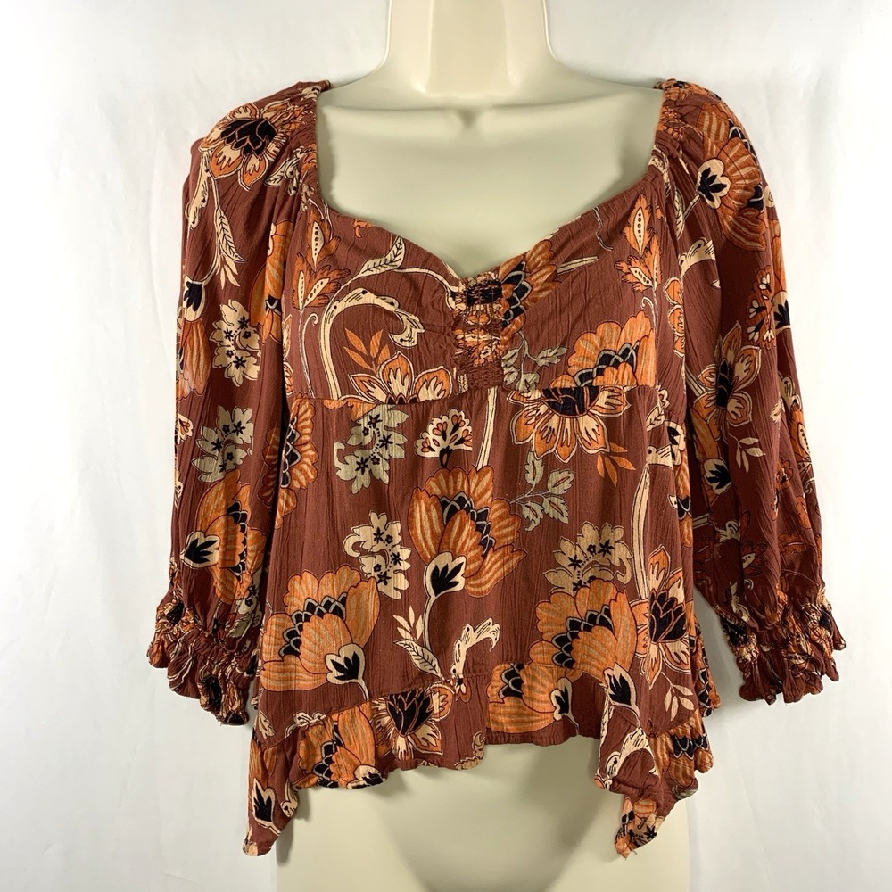Angie Womens Babydoll Floral Smocked Top Size S Boho Fairy Grunge Asymmetrical